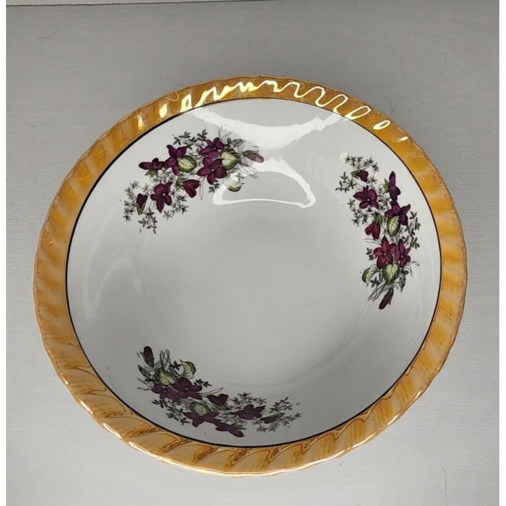 Vintage Yamatsu Japan Gold Lusterware 7" Rice/Soup Bowl Purple Violet Flowers